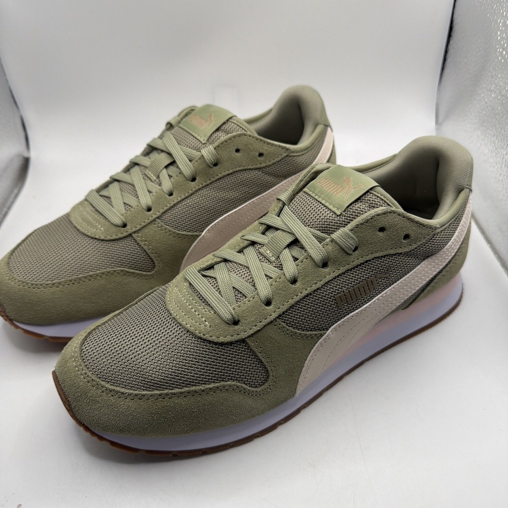 Puma Women's Olive Green Mesh & Suede Sneakers with Pale Pink Stripe